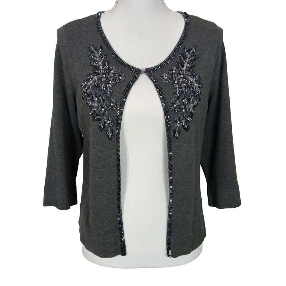 JANA Embroidered Beaded Cardigan 3/4 Sleeves Gray Sz S EUC